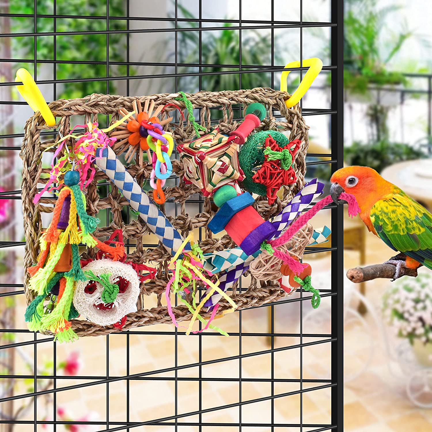 KATUMO Bird Toys, Bird Foraging Wall Toy, Edible Seagrass Woven Climbing Hammock Mat with Colorful Chewing Toys, Suitable for Lovebirds, Finch, Parakeets, Budgerigars, Conure, Cockatiel
