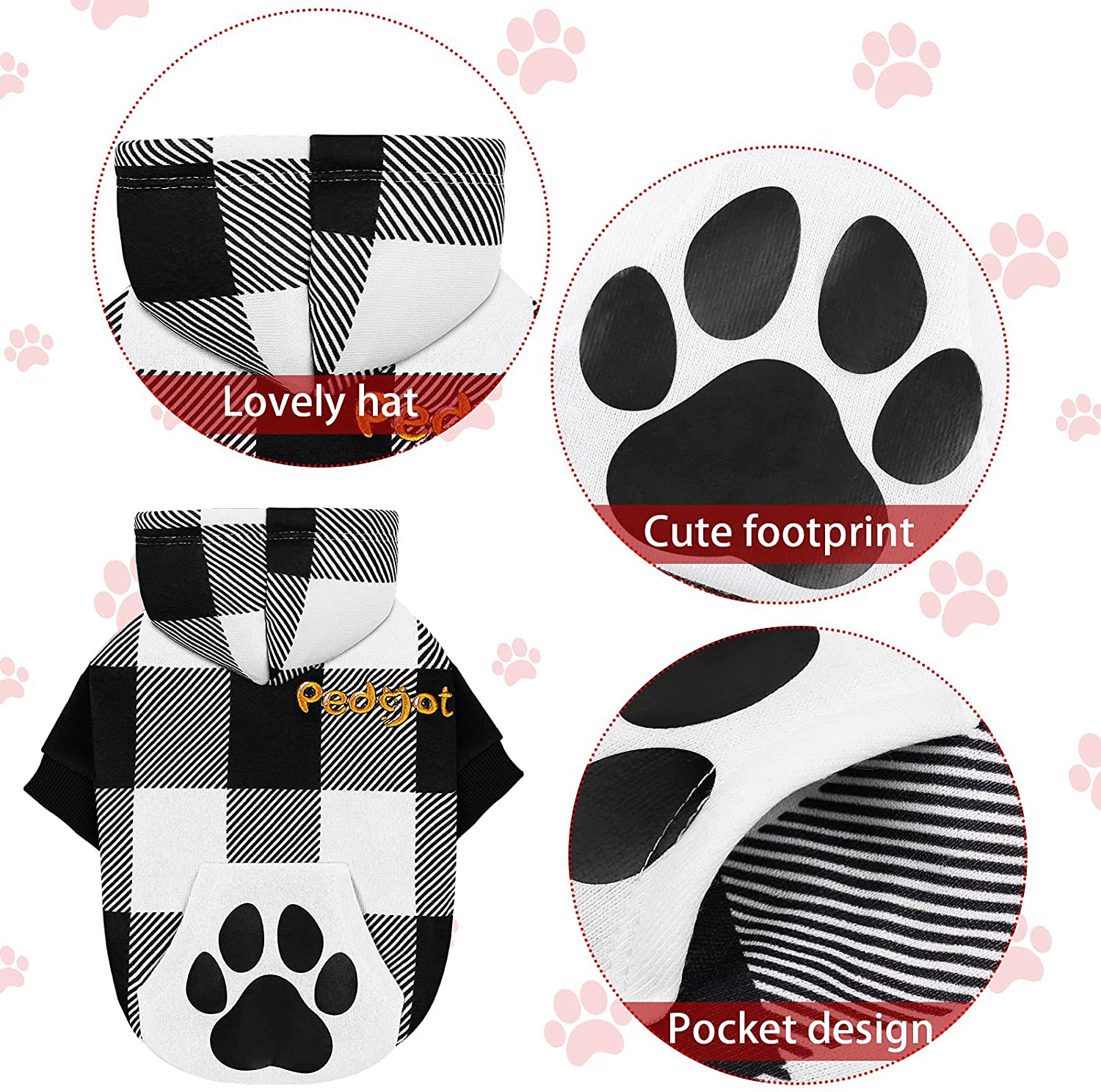 Pedgot Plaid Dog Hoodie Pet Clothes with Hat Pet Sweaters for Dogs Puppies Cats Clothes with Dog Footprints Patterns Pocket, Warm, Soft and Breathable