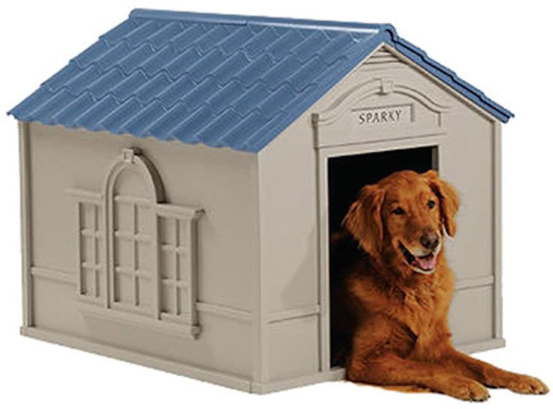 Deluxe Dog House Furniture Ventilated, Sturdy Plastic, Taupe & Blue