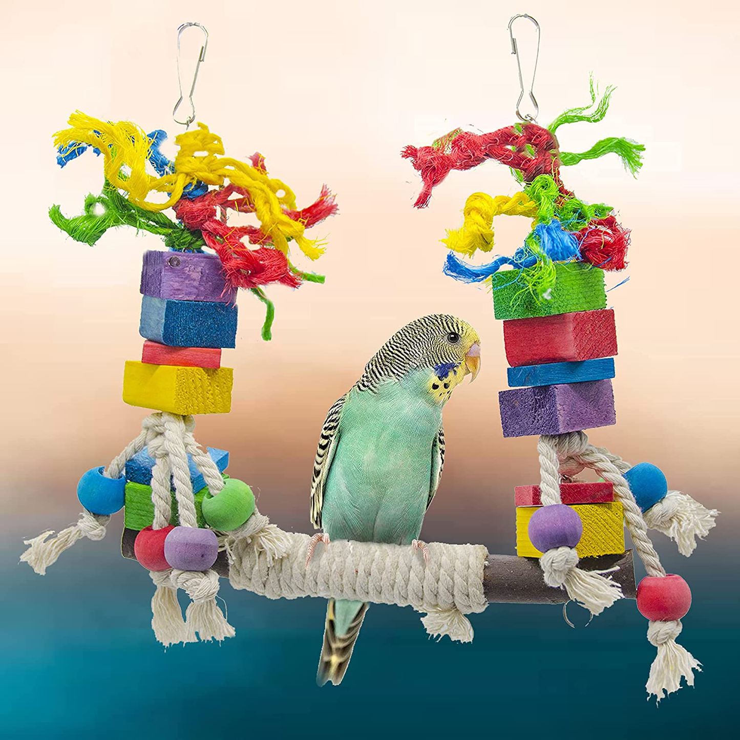BIKOM 2PCS Bird Swing Toys Parrot Cage Bite Toys Wooden Block Bird Cage Hammock Swing Toy Hanging Toy for Parakeets Cockatiels or Medium Parrots and Birds like Amazon,African Grey and Cockatoos.