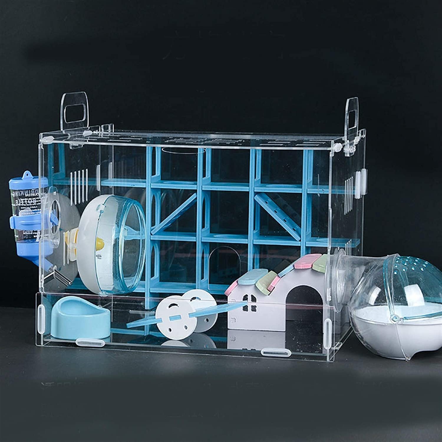 Nynelly Hamster Cage,Transparent Durable Small Animal Cage and Habitats House,Include Hamster Maze,Exercise Wheel, Water Bottle, Hamster Hideout, Food Bowl,13" L X 11.4" W X 11.4" H Animals & Pet Supplies > Pet Supplies > Small Animal Supplies > Small Animal Habitats & Cages Nynelly Blue Maze  