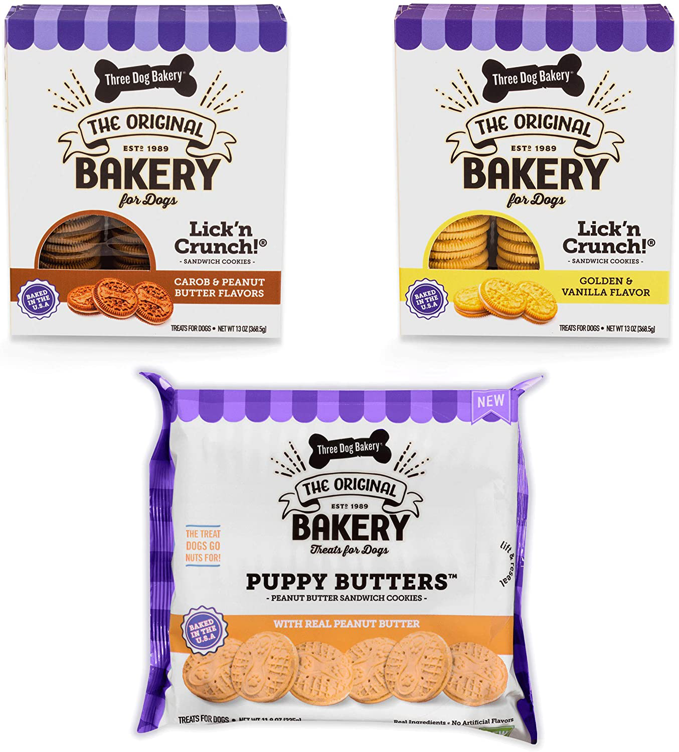 Three Dog Bakery Lick'N Crunch! Sandwich Cookies Variety Pack Premium Treats for Dogs, Carob/Peanut Butter, Golden/Vanilla, & Pupper Butters, 37.8 Ounces, 3-Pack Animals & Pet Supplies > Pet Supplies > Small Animal Supplies > Small Animal Treats Three Dog Bakery   