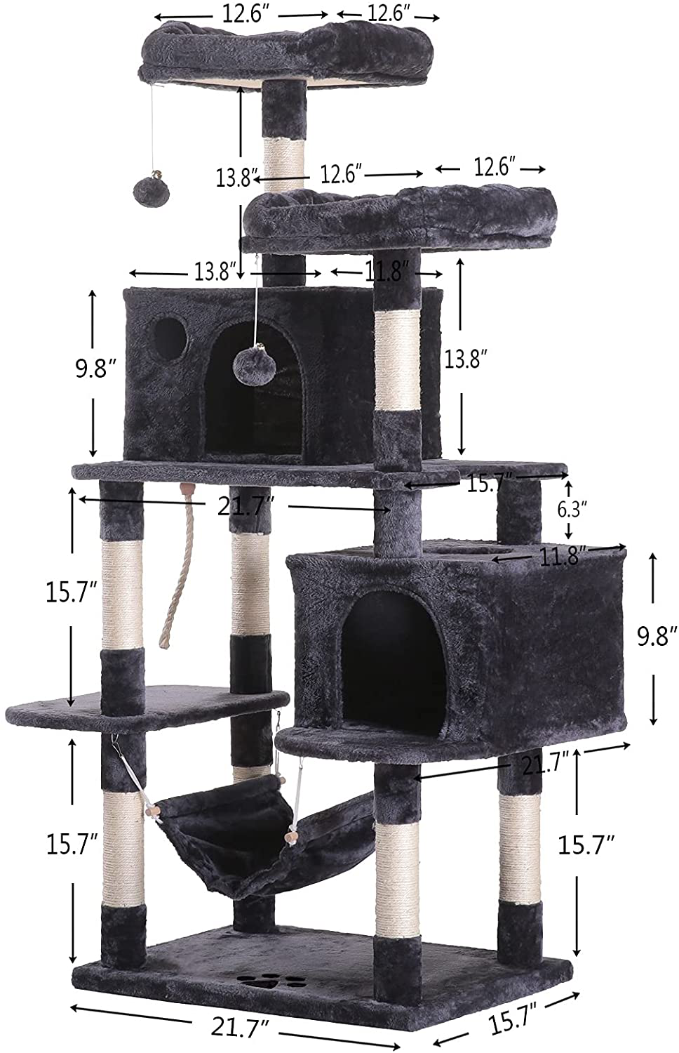 Hey-Bro Extra Large Multi-Level Cat Tree Condo Furniture with Sisal-Covered Scratching Posts, 2 Bigger Plush Condos, Perch Hammock for Kittens, Cats and Pets
