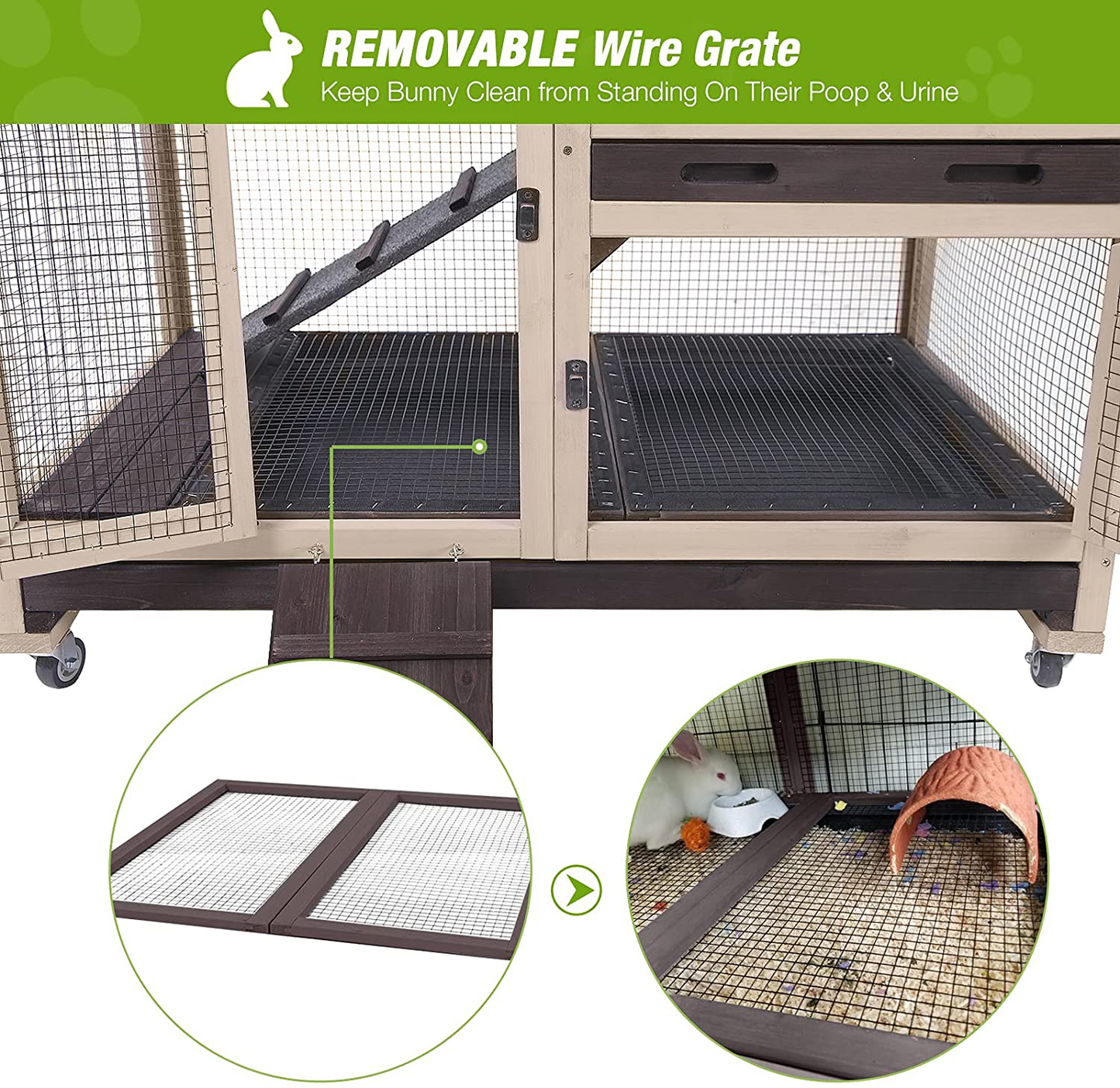 Indoor Outdoor Rabbit Hutch, Bunny Cage on Wheels with 2 Deep No Leakage Pull Out Trays (Coffee) Animals & Pet Supplies > Pet Supplies > Small Animal Supplies > Small Animal Habitats & Cages GUTINNEEN   