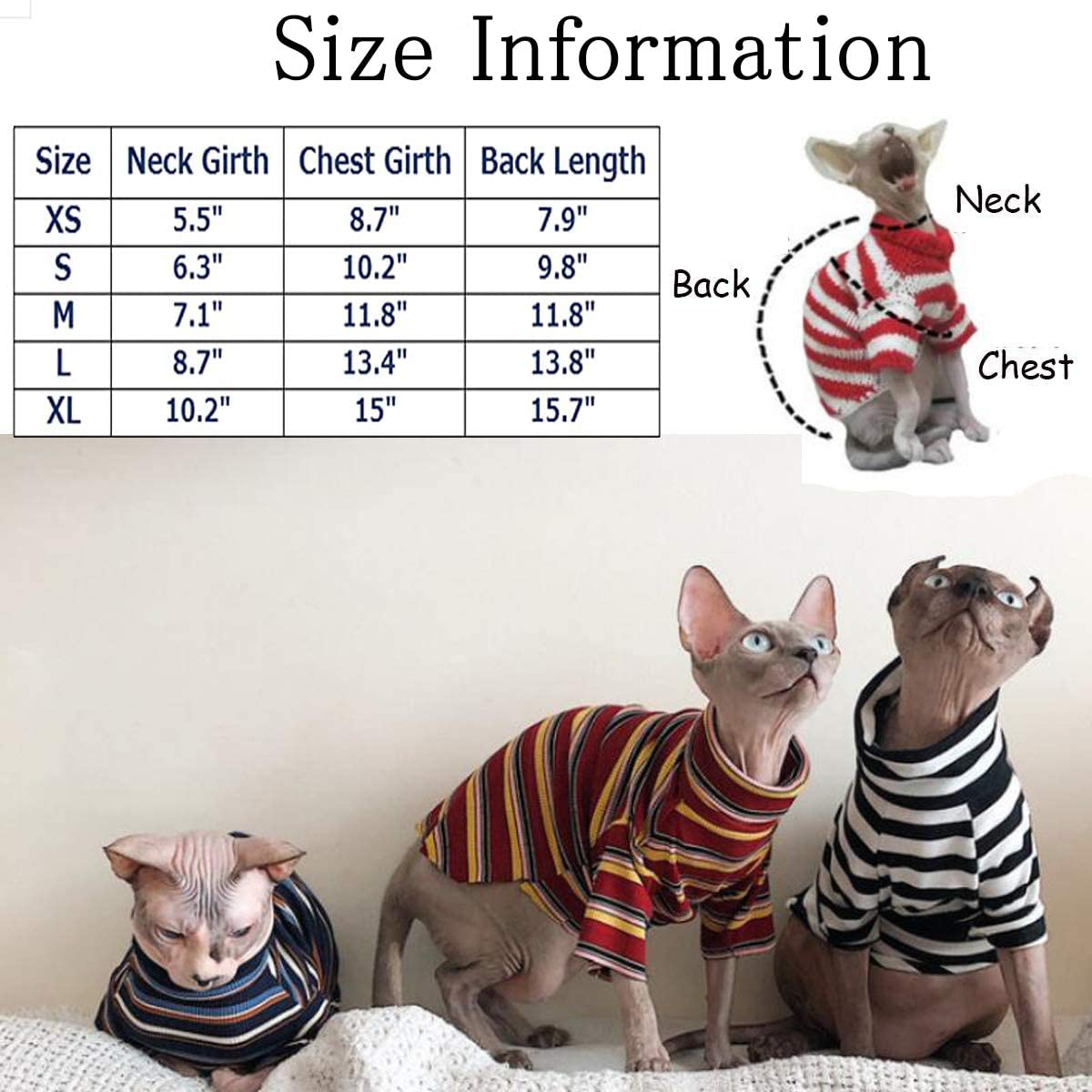Bonaweite Hairless Cats Stripe T-Shirt, Breathable Cat Wear Clothes Vest Shirts for Sphynx, Cornish Rex, Devon Rex, Peterbald