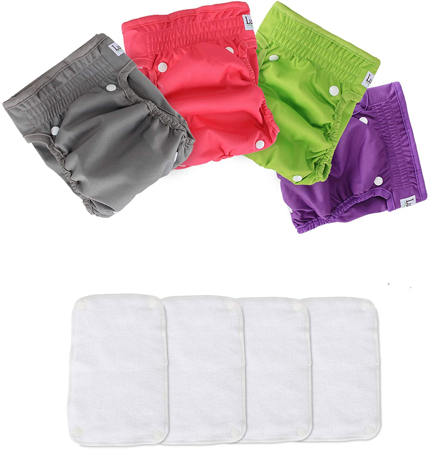 LUXJA Reusable Female Dog Diapers with Extra Detachable Diaper Pads (Pack of 4), Washable Wraps for Female Dog (Gray + Green + Purple + Rose Red) Animals & Pet Supplies > Pet Supplies > Dog Supplies > Dog Diaper Pads & Liners LUXJA M: waist 14"-20"  
