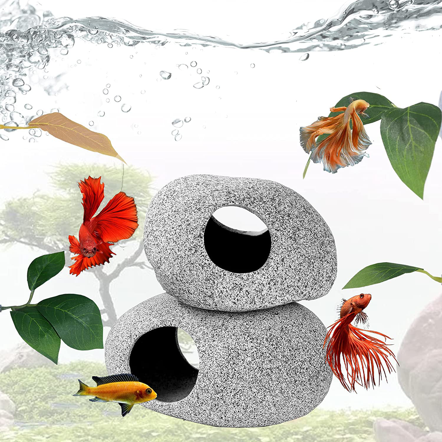 Llglmypet 2 Pieces Aquarium Decoration Rock Caves and 6 Pieces Fish Leaf Pad Simulating the Natural Habitat Hiding Breeding Spawning Cave Stones Toys Fish Rock House for Shrimp Cichlid Betta Fish Animals & Pet Supplies > Pet Supplies > Fish Supplies > Aquarium Decor Llglmypet   