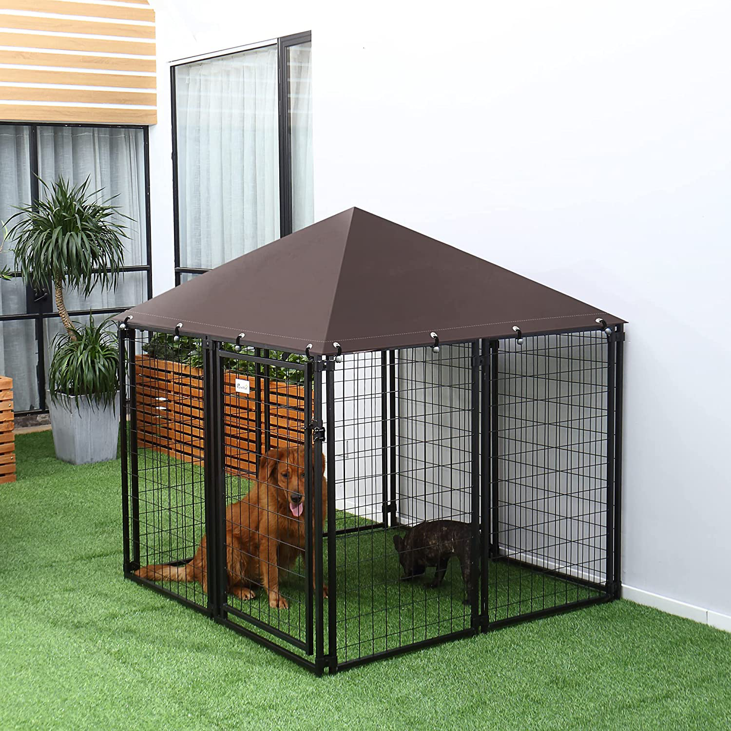 Pawhut Lockable Dog House Kennel with Water-Resistant Roof for Small and Medium Sized Pets, 4.6' X 4.6' X 5'