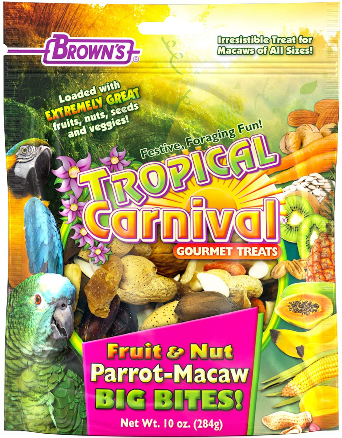 F.M. Brown'S Tropical Carnival Fruit and Nut Parrot-Macaw Big Bites. 10 Oz Bag - Foraging Treat with Fruits, Veggies, and In-Shell Nuts