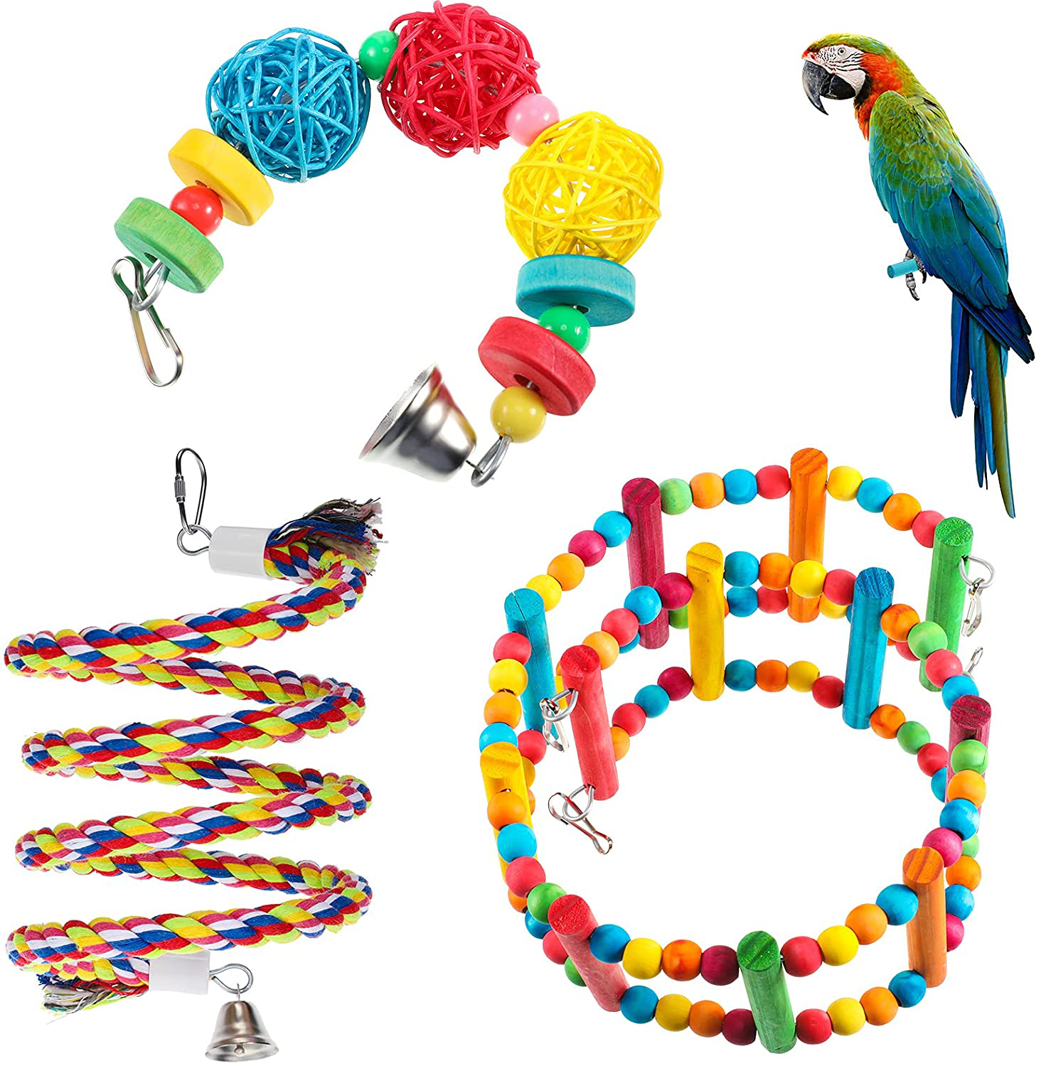 Skylety 3 Pieces Parrot Toys Include Bird Swing Ladders Bird Spiral Rope Perch Hanging Bell Rattan Balls Parrot Climbing Standing Chewing Toys for Small Parakeets Cockatiels Lovebirds Conures