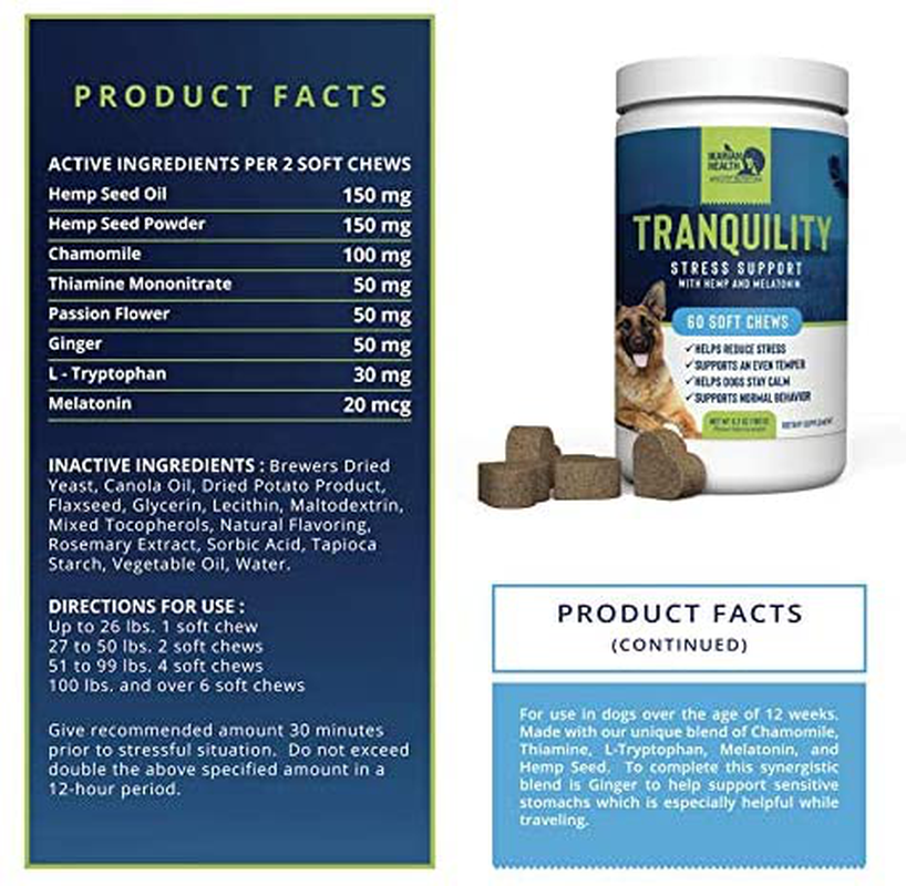 Ikarian Health - Tranquility Calming Aid for Dogs - Hemp, Melatonin, Chamomile, Passion Flower - Composure Anxiety and Stress Support for Travel, Fireworks, Separation or Storms - 60 Soft Chew Treats Animals & Pet Supplies > Pet Supplies > Small Animal Supplies > Small Animal Treats Ikarian Health   