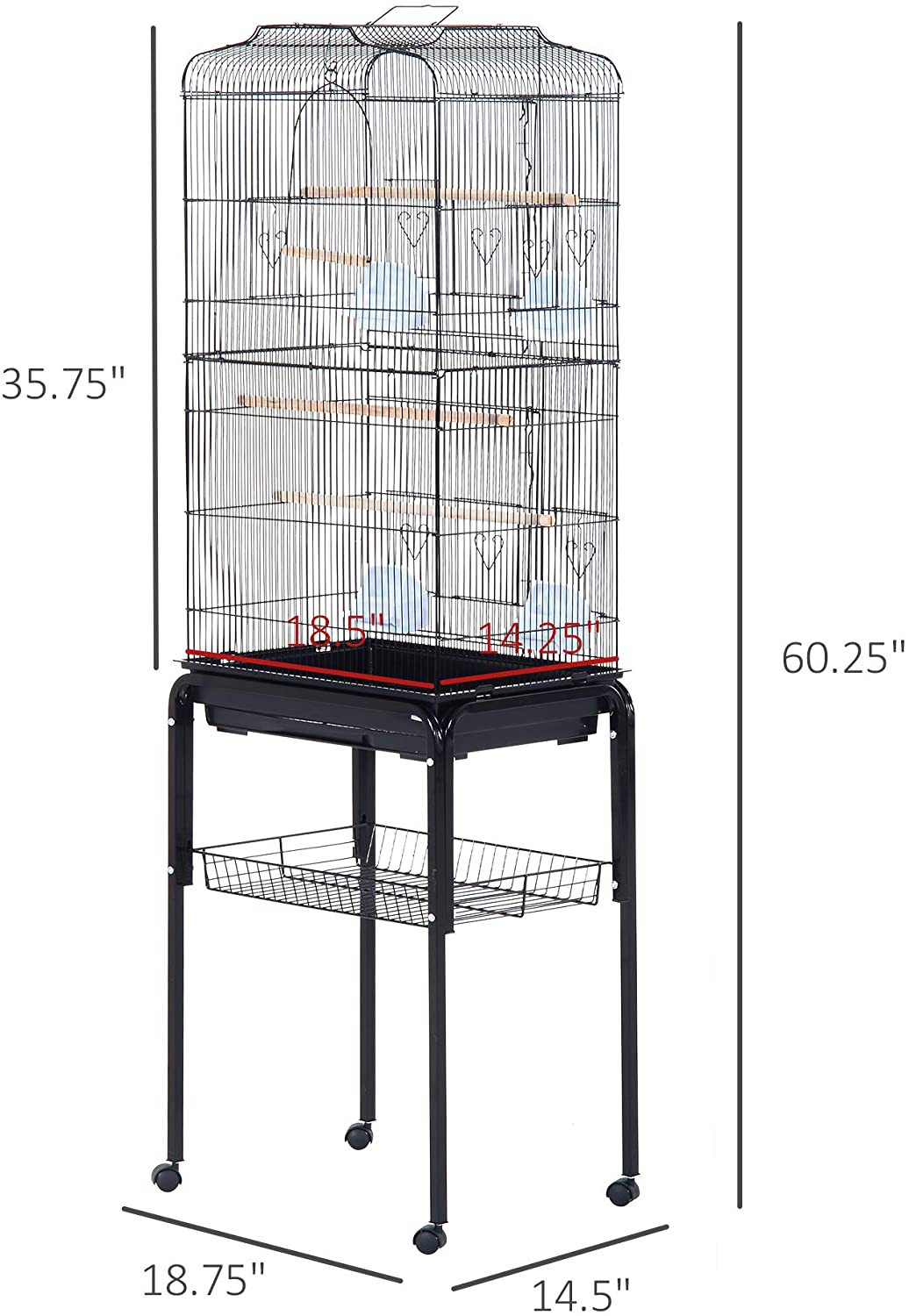 Pawhut 60" Metal Indoor Bird Cage Starter Kit with Detachable Rolling Stand, Storage Basket, and Accessories Animals & Pet Supplies > Pet Supplies > Bird Supplies > Bird Cages & Stands PawHut   