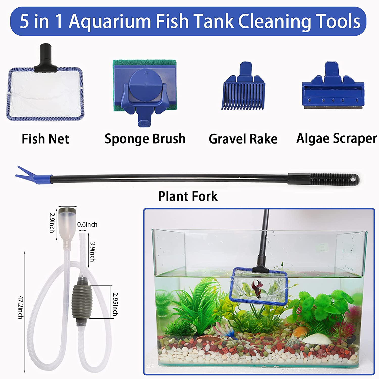 Songway 5 in 1 Aquarium Fish Tank Clean Set/Fish Net + Gravel Rake +Plant  Fork + Scraper + Sponge + handle + connector/Fish Tank clean maintenance