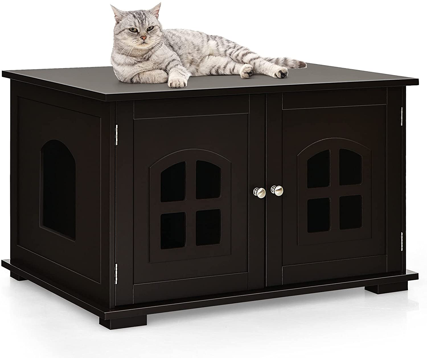 Tangkula Cat Litter Box Enclosure, Nightstand Cat House W/Double Doors & Windows, Cat Washroom Storage Bench, Decorative Pet House W/Optional Side Entryway, Large Litter Box Furniture Hidden Animals & Pet Supplies > Pet Supplies > Cat Supplies > Cat Furniture Tangkula   