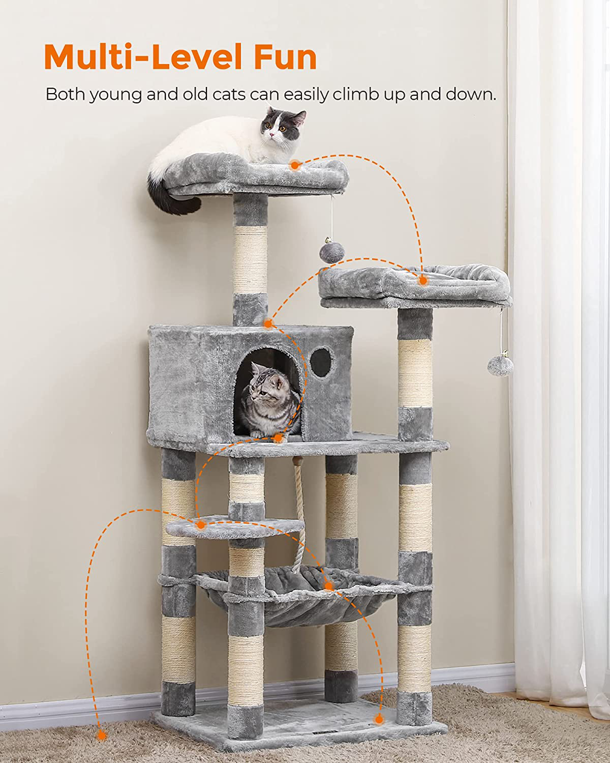 FEANDREA 56.3-Inch Multi-Level Cat Tree with Sisal-Covered Scratching Posts, Plush Perches, Hammock, and Condo, Cat Tower Furniture, for Kitten, Pet Animals & Pet Supplies > Pet Supplies > Cat Supplies > Cat Furniture FEANDREA   