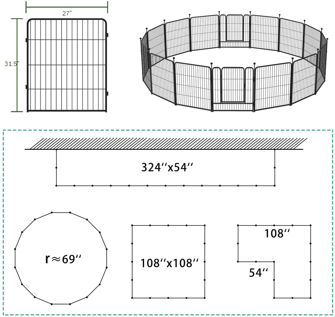 FXW Dog Playpen, Heavy Duty Dog Pen, Outdoor Indoor Dog Kennel 16/8 Panels 32-Inch Metal Dog Fence Cage Gate with Poles & Doors for Large Medium Small Dogs Pets Animals, Black Animals & Pet Supplies > Pet Supplies > Dog Supplies > Dog Kennels & Runs FXW   