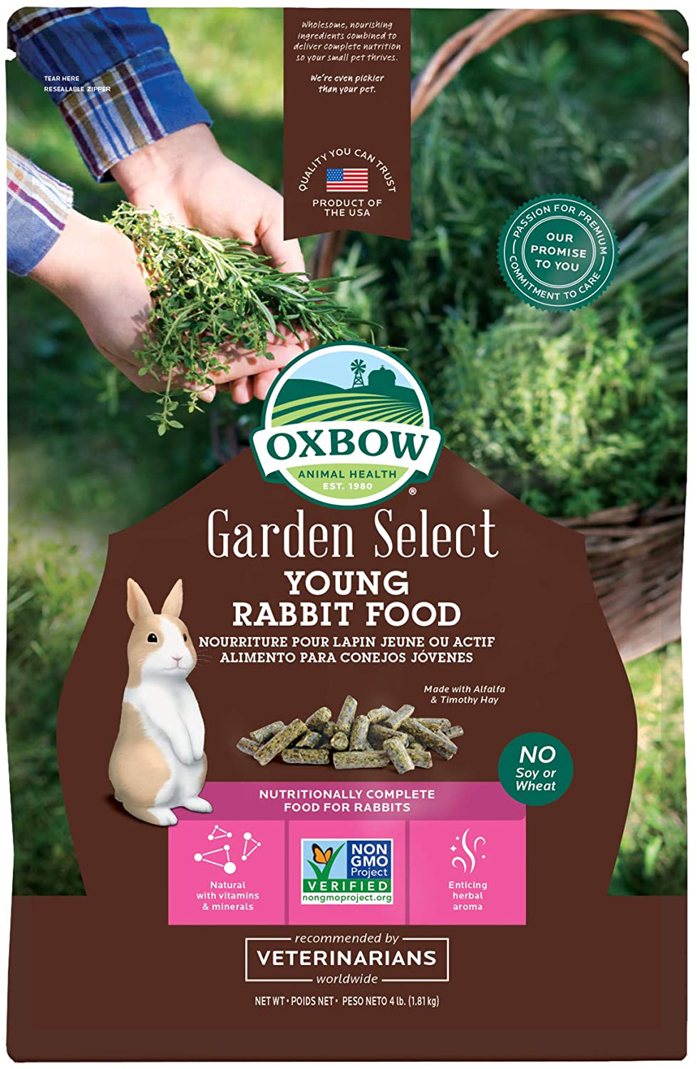 Oxbow Animal Health Garden Select Young Rabbit Food, Garden-Inspired Recipe for Young Rabbits, No Soy or Wheat, Non-Gmo, Made in the USA, 4 Pound Bag