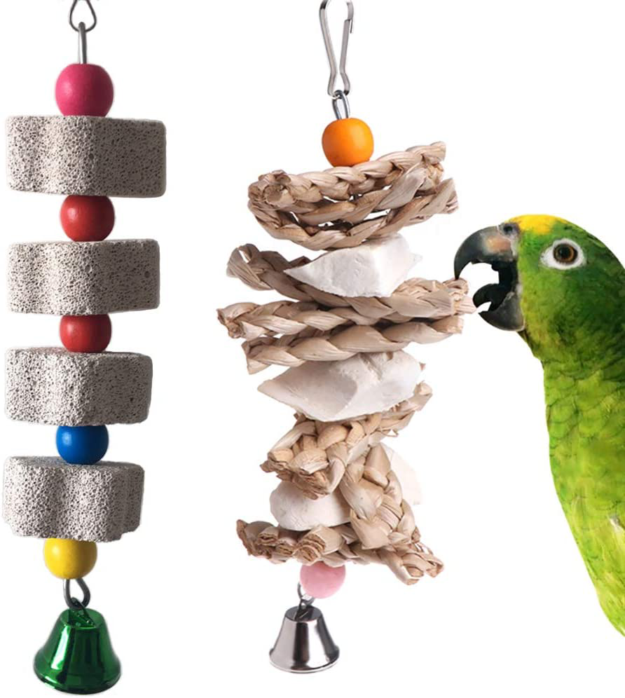 PINVNBY Parrot Toys Chewing Bird Toy Cuttlebone Beak Grinding Stone Cage Hanging Toys with Bell for African Greys Amazon Conure Eclectus Budgies Parakeet Cockatiel Hamster Chinchilla Rabbit, 2 Pack Animals & Pet Supplies > Pet Supplies > Bird Supplies > Bird Toys PIVBY   