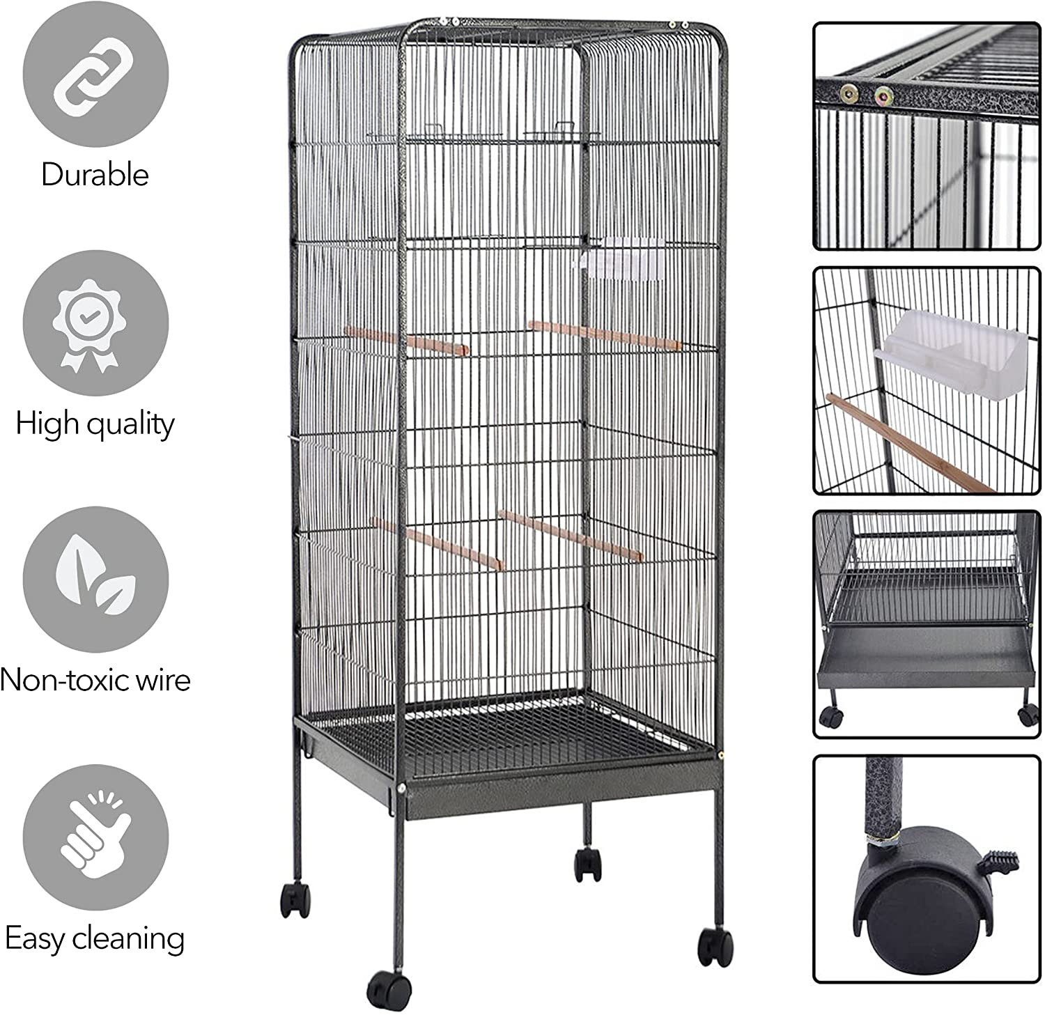 Talis 58” Large Bird Cage with Rolling Stand – Wrought Iron Birdcage for Cockatiels, Parrots, Parakeets, Conures – with 360° Swiveling Coasters, Easy to Clean, Super Strong, Sturdy and Durable Animals & Pet Supplies > Pet Supplies > Bird Supplies > Bird Cages & Stands Talis   