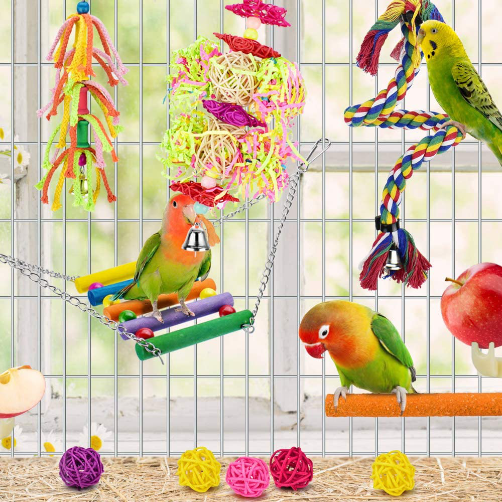 KATUMO Bird Swing Toys, 12 Packs Parrot Chewing Hanging Toys with Bells Rattan Balls Bird Perch Climbing Rope Fruit Forks for Parakeet, Conures, Cockatiel, Mynah, Lovebirds, Finch, Small Pet Birds Animals & Pet Supplies > Pet Supplies > Bird Supplies > Bird Toys KATUMO   