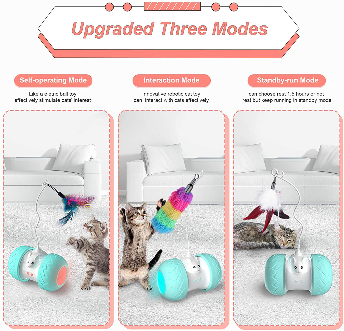 Burgeonnest Interactive Cat Toys for Indoor Cats, Automatic Kitten Toys Electronic with Mouse and 3 Feathers for Cats to Play Alone and Exercise 2 Speeds 3 Modes USB Charging Animals & Pet Supplies > Pet Supplies > Cat Supplies > Cat Toys BurgeonNest   