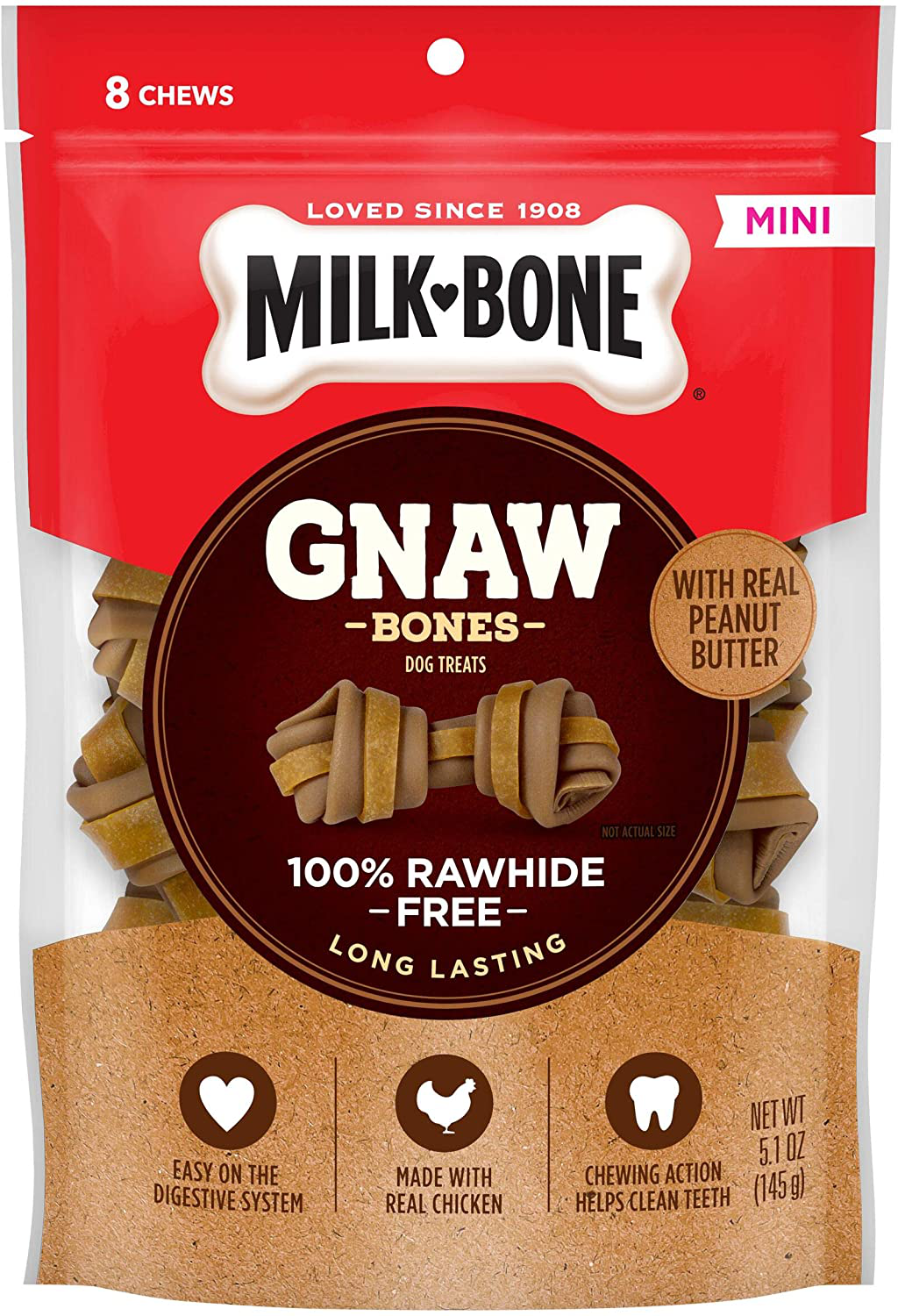 Milk-Bone Gnawbones Dog Treats, Long Lasting and Rawhide Free Animals & Pet Supplies > Pet Supplies > Dog Supplies > Dog Treats Milk-Bone Mini Knotted Bones Peanut Butter & Chicken 8 Count (Pack of 4)