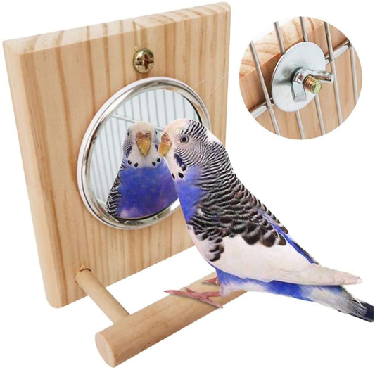 Hamiledyi Bird Mirror with Wooden Perch,Birdcage Fun Platform Stand Toys