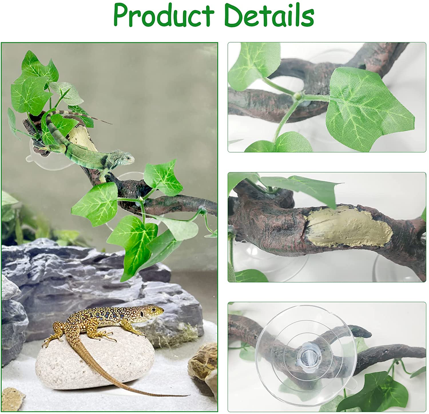 Fhiny Reptile Corner Branch, Resin Climb Tree Branch Decor with Leaves Tank Accessories Terrarium Plant Ornament with Suction Cup for Snake Lizard Bearded Dragons Gecko Climbing