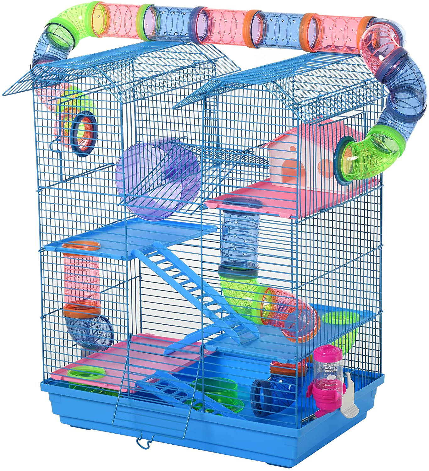 Pawhut 5 Tiers Hamster Cage Small Animal Rat House with Exercise Wheels, Tube Water Bottles, and Ladder, Blue Animals & Pet Supplies > Pet Supplies > Small Animal Supplies > Small Animal Habitat Accessories Aosom LLC   