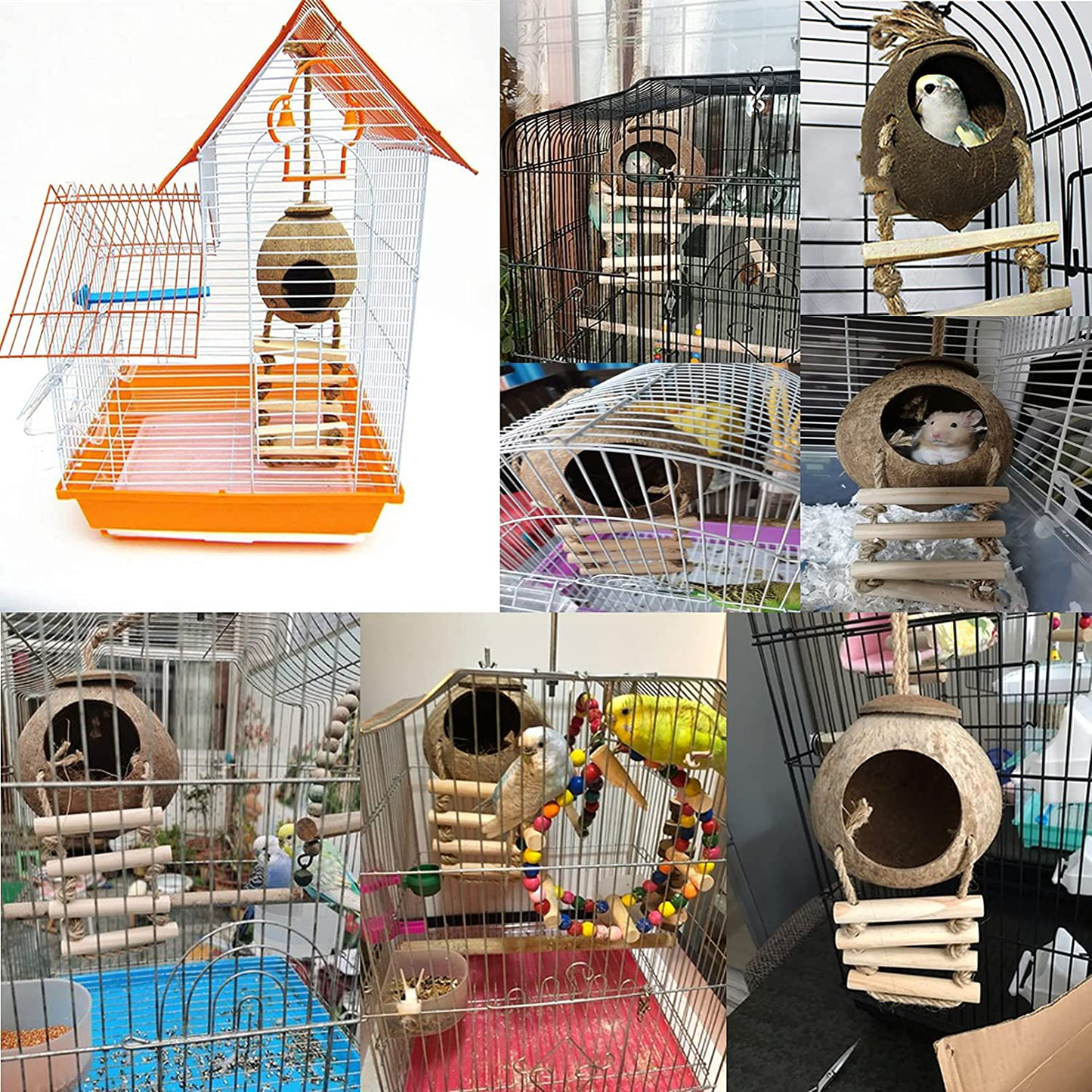 Hamiledyi Natural Coconut Bird Nest with Ladder, Hanging Fiber Shell Birds House Parrot Hut Pets Hideaway Avians Perch Stand Platform for Parakeet Lovebirds Canary Animals & Pet Supplies > Pet Supplies > Bird Supplies > Bird Ladders & Perches Hamiledyi   