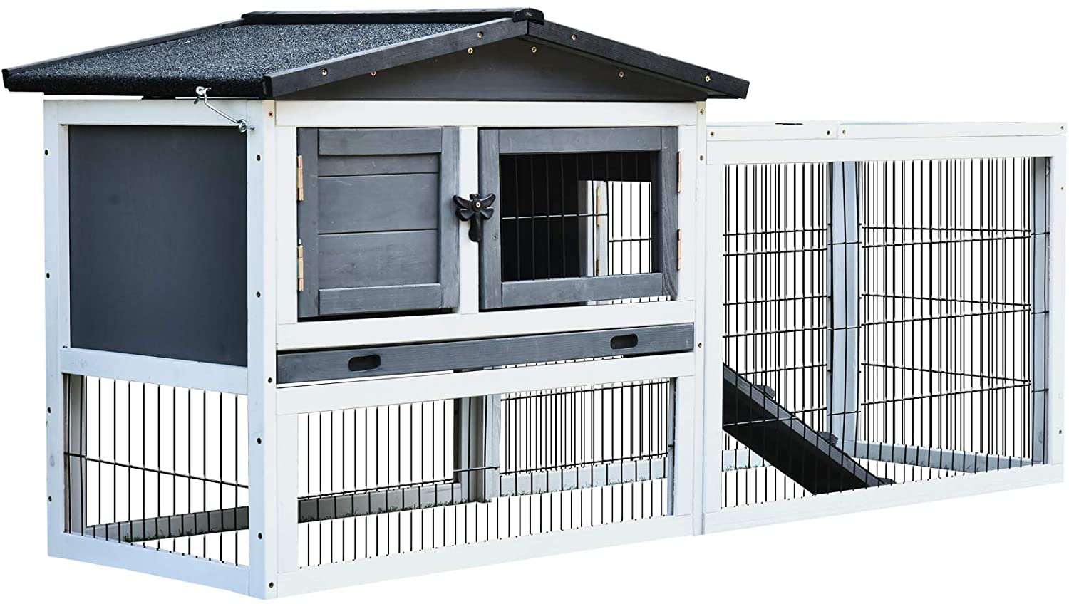 Pawhut Fir Wood Rabbit Hutch with 2 Story Design, Bunny Cage Run with Patio, Asphalt Roof and Pull Out Tray, Grey Animals & Pet Supplies > Pet Supplies > Small Animal Supplies > Small Animal Habitats & Cages PawHut   