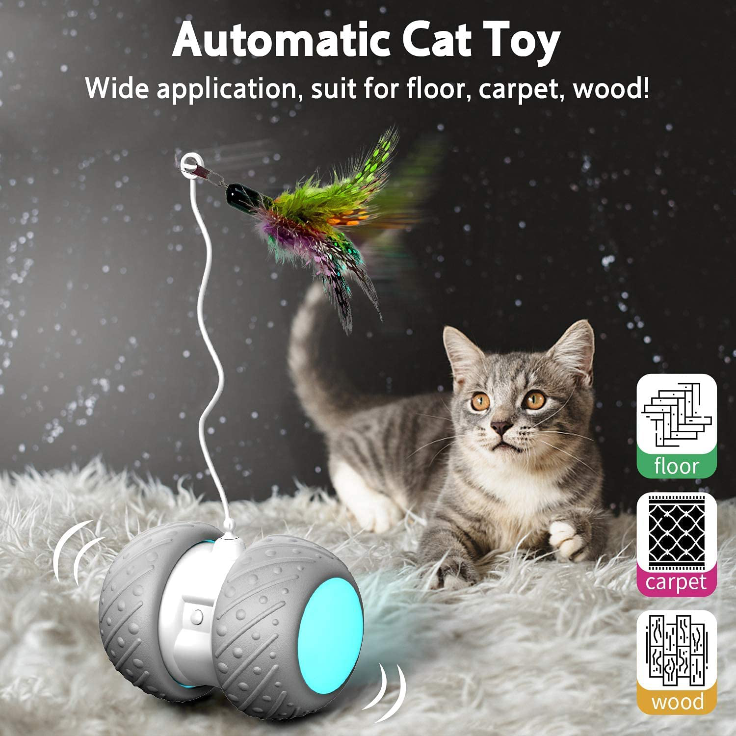 K-Berho Interactive Cat Toys for Indoor Cats, Irregularly Move Cat Ball Toys for Kitten/Cats, Robotic Cat Toy with Led Light/Feathers/Ribbon/Mouse Toys, Floors/Carpet Available, USB Charging Animals & Pet Supplies > Pet Supplies > Cat Supplies > Cat Toys k-berho   