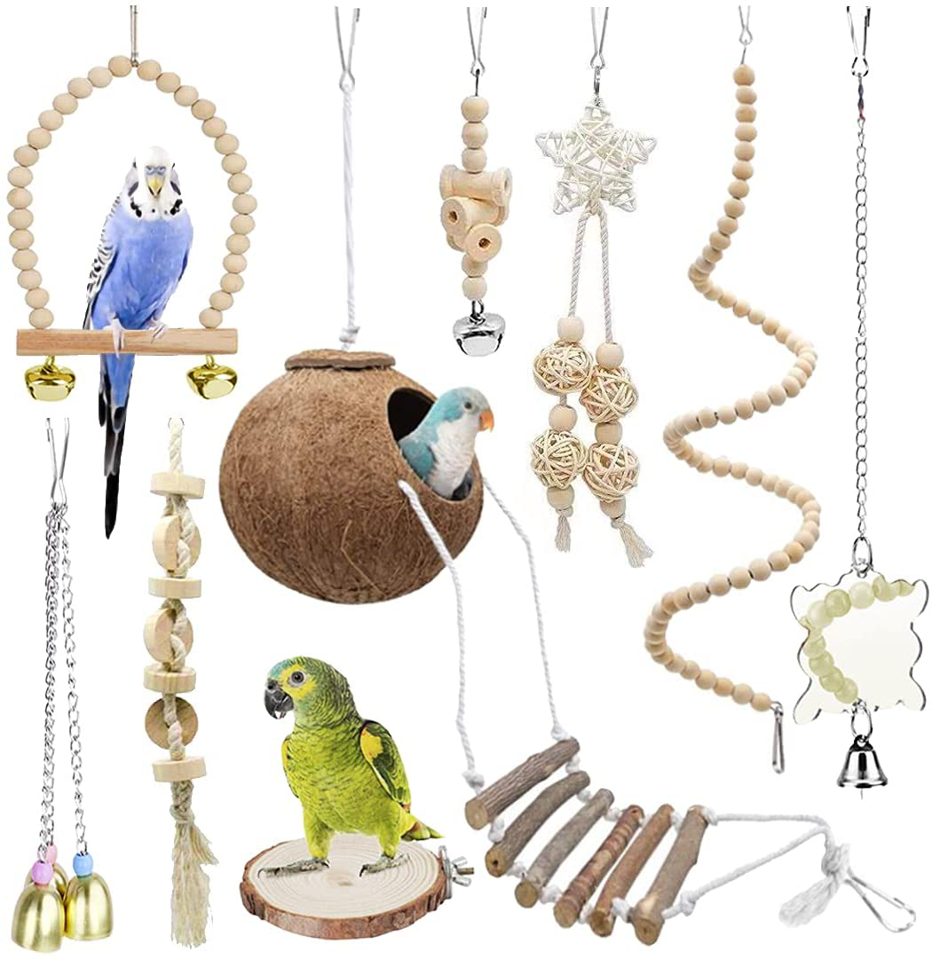 TOLMIOW 9 Pieces Parrots Chewing Natural Wood and Rope Bungee Bird Toy for Anchovies, Coconut Hideaway with Ladder ,Bird Perch Stand, Bird Cage Accessories, Parakeets, Cockatiel, Macow,Conure, Mynah, Animals & Pet Supplies > Pet Supplies > Bird Supplies > Bird Ladders & Perches TOLMIOW   