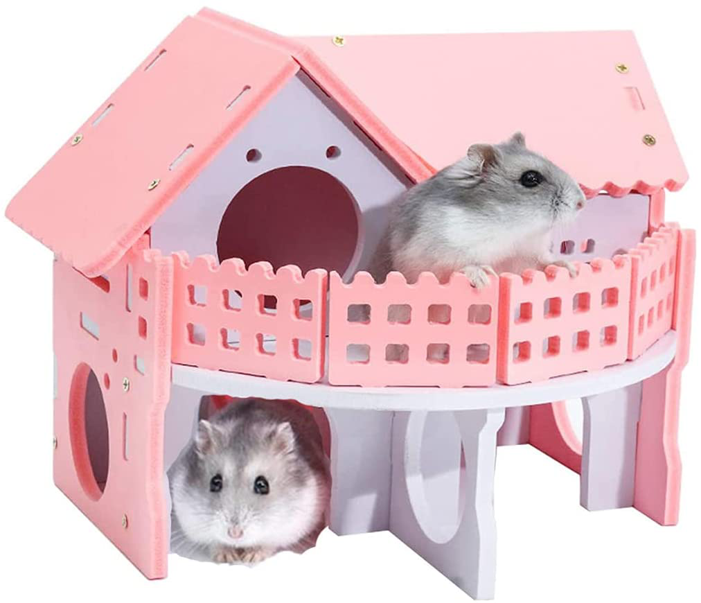 Gutongyuan Small Animal Hideout Wooden Hamster House Assemble Double-Deck Hut Villa Ecological Cage Habitat Decor Accessories, Play Toys for Dwarf, Hedgehog, Syrian Hamster, Gerbils Mice