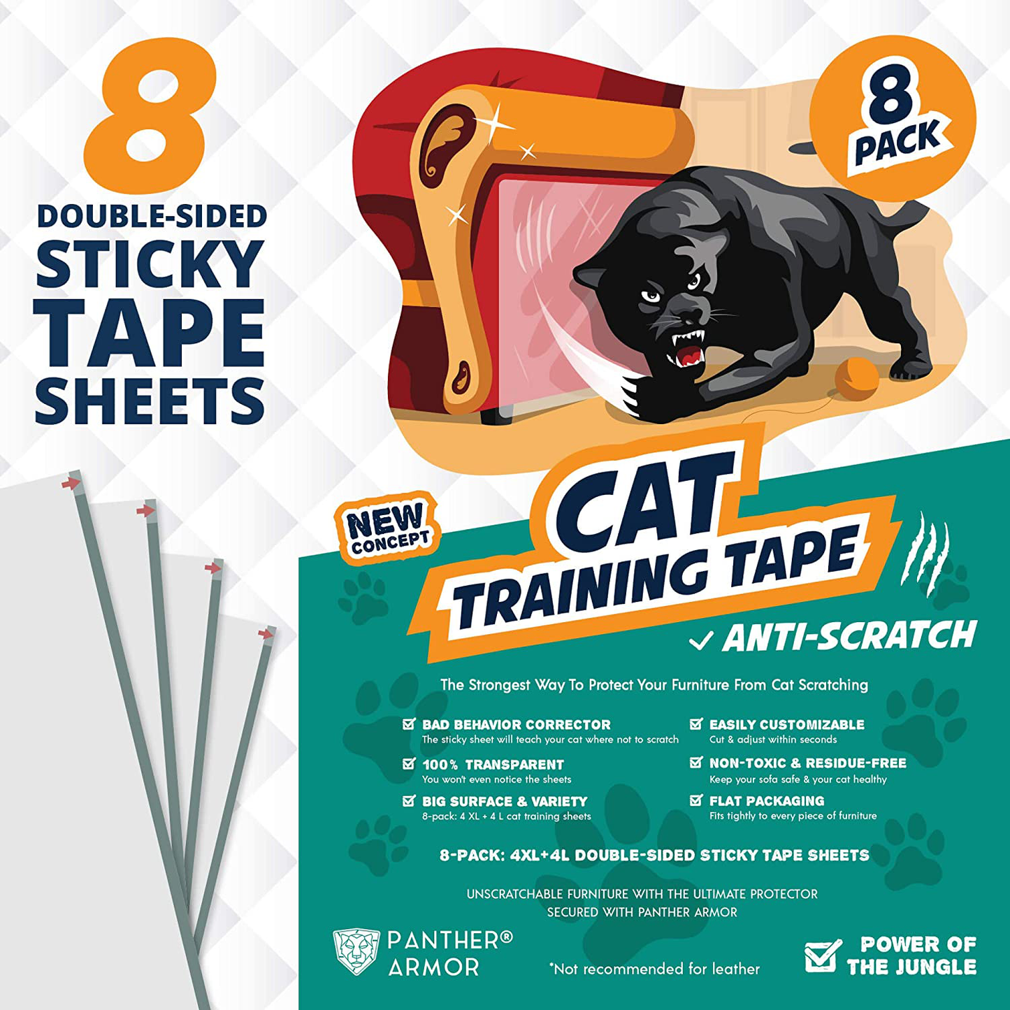 Panther Armor Cat Scratch Deterrent Tape – 8(Eight)-Pack – Double Sided anti Cats Scratching Sticky Tape – 4-Pack XL 16”L 12”W + 4-Pack Large 17”L 10”W Furniture Protectors – Couch Protector for Cats