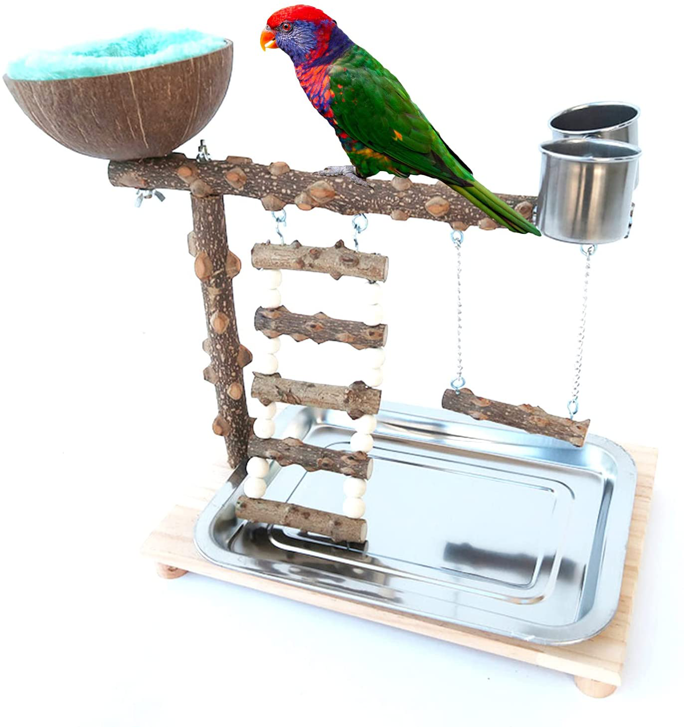 Volksrose Parrot Playground Bird Play Stand, Bird Activity Stand Wood Perch Gym with Ladder Tray and Feeder Cups, Parakeet Cockatiel Birdcage Cage Nest Accessories Exercise Platform Toy Animals & Pet Supplies > Pet Supplies > Bird Supplies > Bird Gyms & Playstands VolksRose #02  