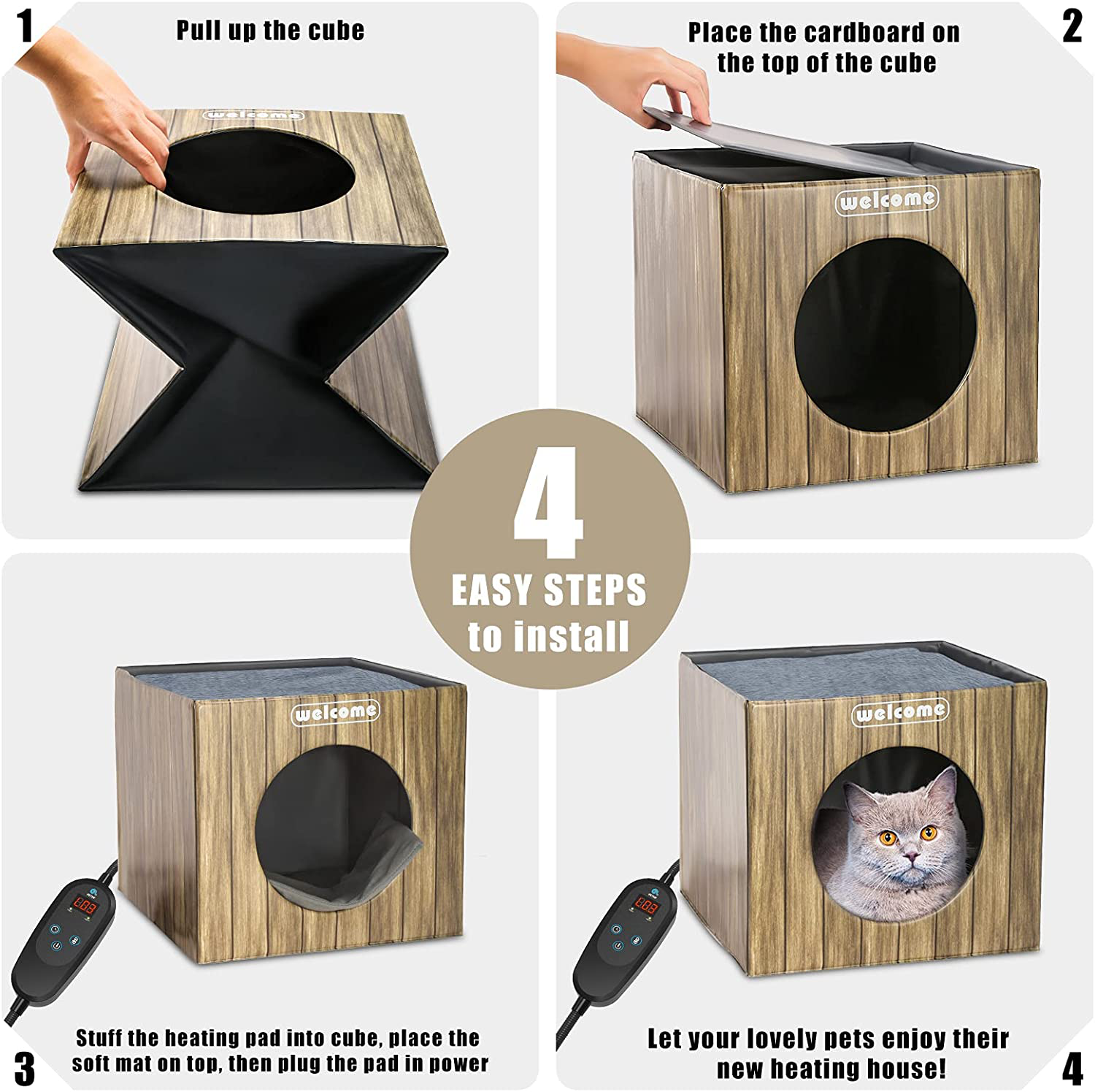 PETNF Heated Cat House, 2021 Upgraded Heating Cat Houses for Outdoor Indoor Cats and Small Dogs with Heated Mat, Foldable outside Heated Cat Bed Waterproof Kitty Shelter