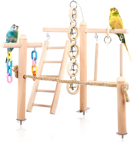 SAWMONG Wooden Bird Play Stand Perch Set, Parrot Playground Swing Toy, Cockatiel Birdcage Training Climbing Ladder, Parakeets Exercise Gym with Rope, Chew Toys for Conures Accessories Decor