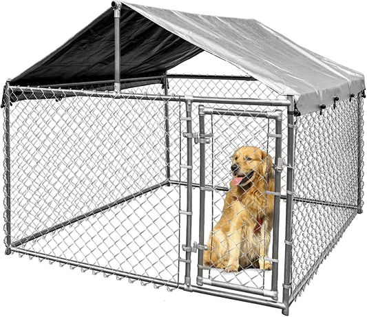 HITTITE Outdoor Chain Link Dog Kennel for Small to Medium Dogs 6.76'L X 6.76'W X 5.64'H, Anti-Rust Heavy Duty Dog Pen with Lockable Dog Gate and Uv-Resistant Waterproof Cover for Backyard. Animals & Pet Supplies > Pet Supplies > Dog Supplies > Dog Kennels & Runs HITTITE   