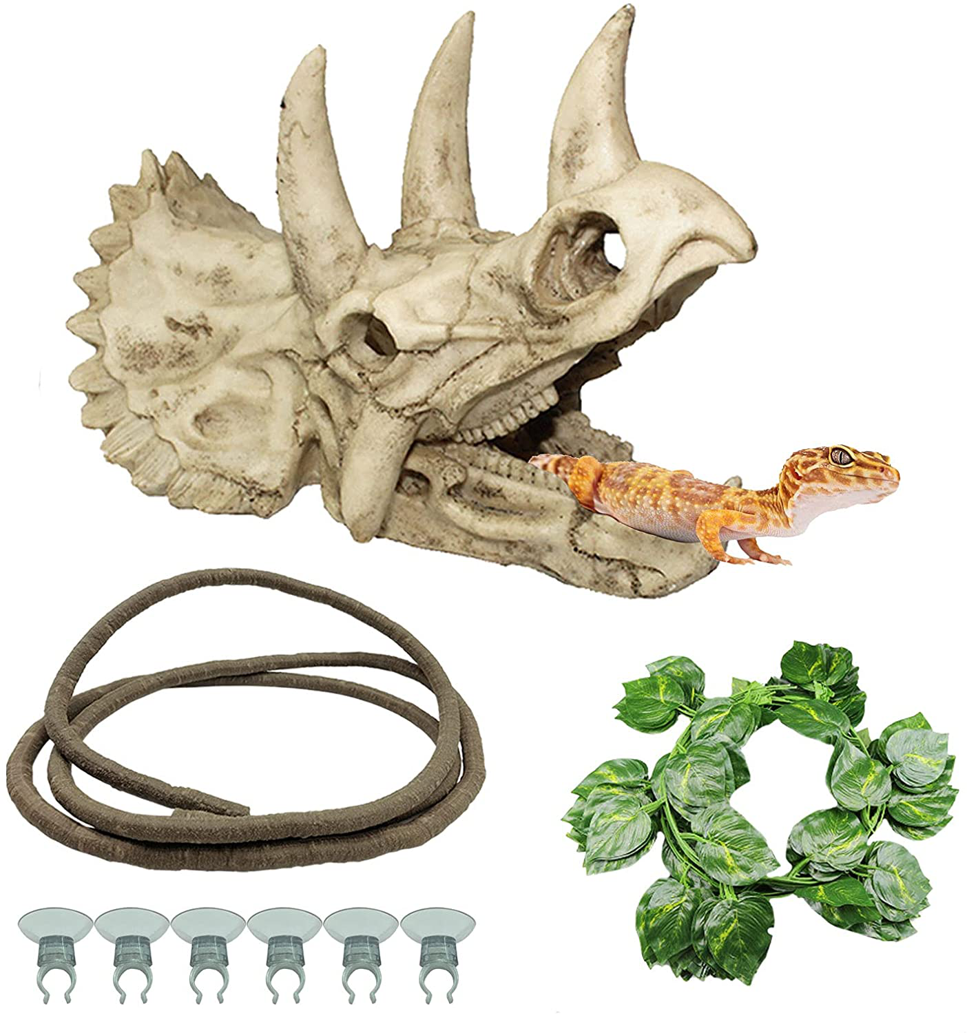 Tfwadmx Bearded Dragon Tank Accessories Resin Dinosaur Triceratops Skull Skeleton Reptiles Hideouts Cave Vines Leaves Aquarium Decorations for Lizards,Chameleon,Snake,Spider,Gecko Animals & Pet Supplies > Pet Supplies > Small Animal Supplies > Small Animal Habitat Accessories Tfwadmx   