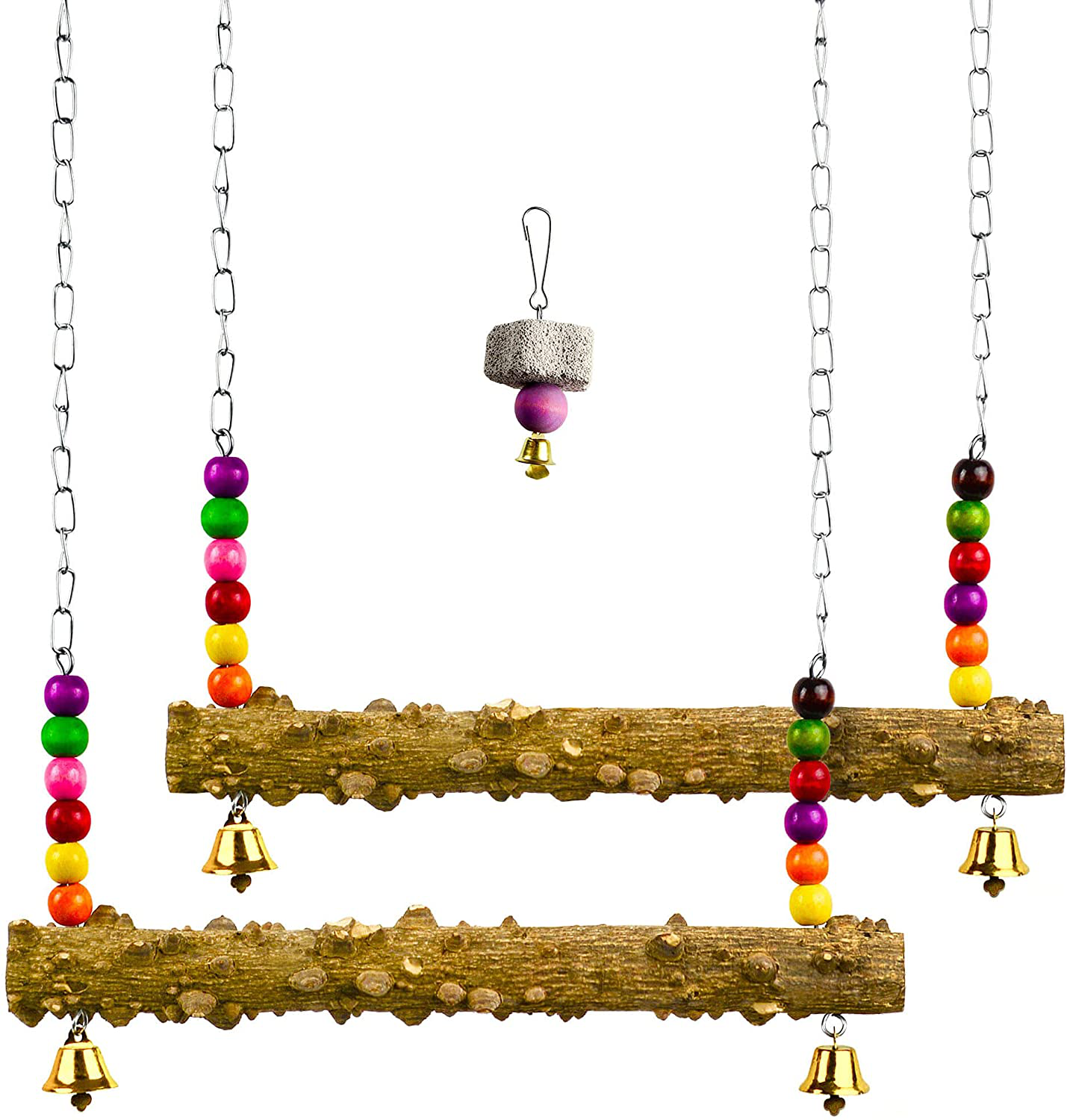 MASANI Chicken Coop Swing - 2 Pack Natural Wood - Stainless Steel Hooks - Steady Heavy-Duty Chains - Small Charming Copper Bells - Supports up to 20Lbs - Complete with Peck Bird Toy Animals & Pet Supplies > Pet Supplies > Bird Supplies > Bird Toys MASANI   