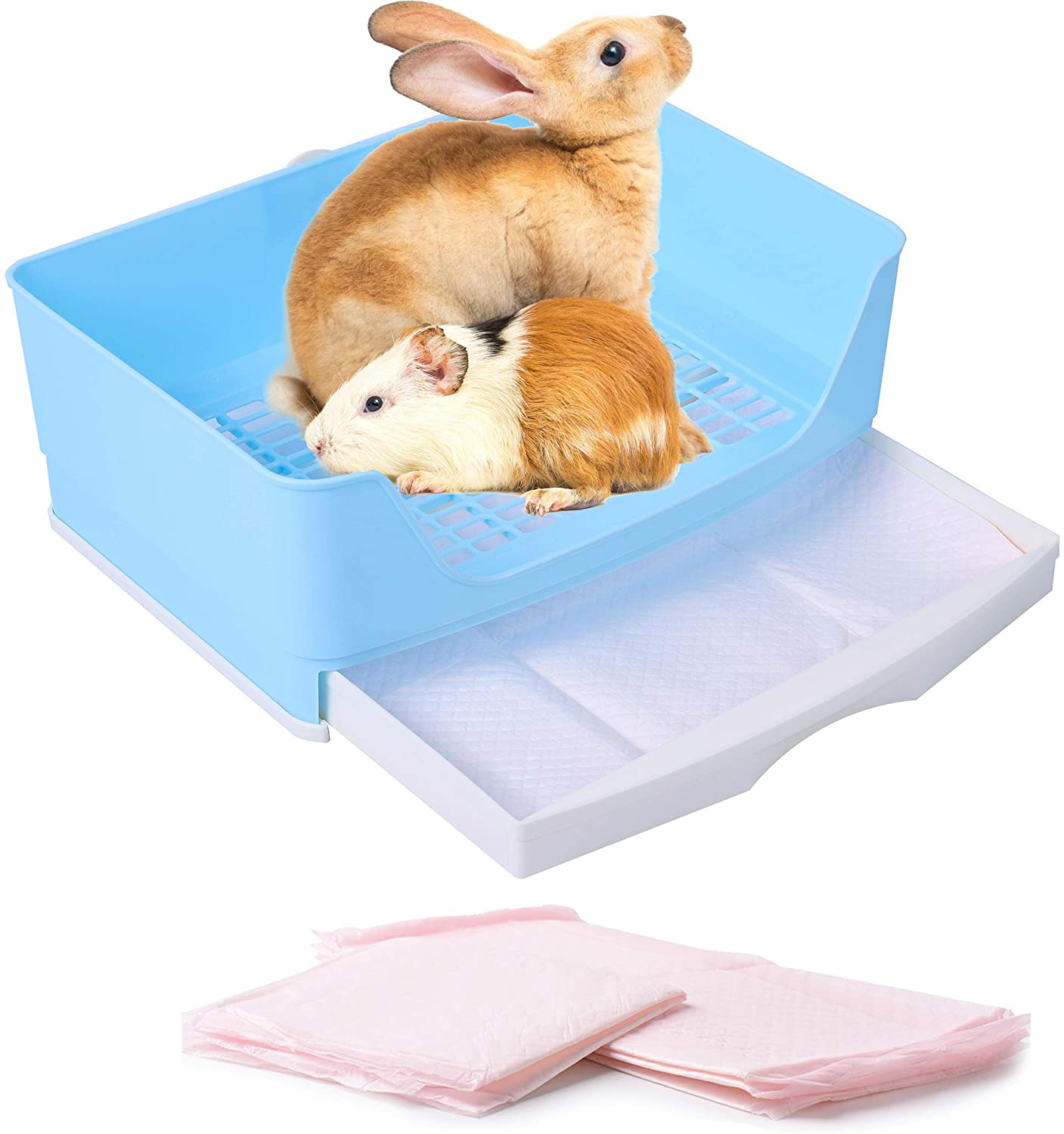 CALPALMY Large Rabbit Litter Box with Bonus Pads, Drawer, Corner Toilet Box and Bigger Pet Pan for Adult Guinea Pigs, Chinchilla, Ferret, Galesaur, Small Animals
