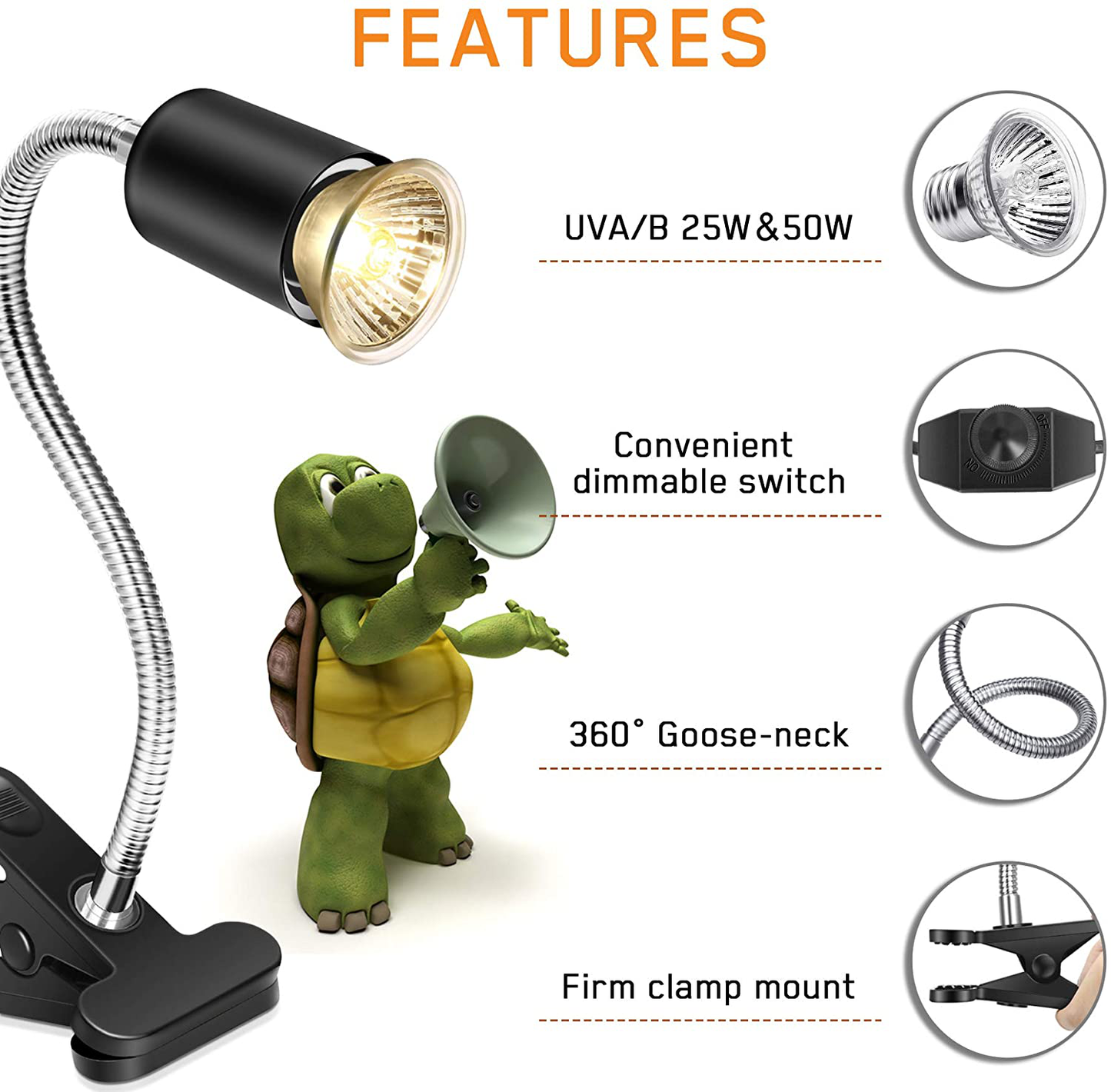 Fischuel Reptile Heat Lamp,Heating Lamp with Clamp, Adjustable Habitat Basking Heat Lamp ,UVA/UVB Light Lamp 360° Rotatable Clip and Dimmable Switch for Aquarium(Bulb Included) (E27,110V)