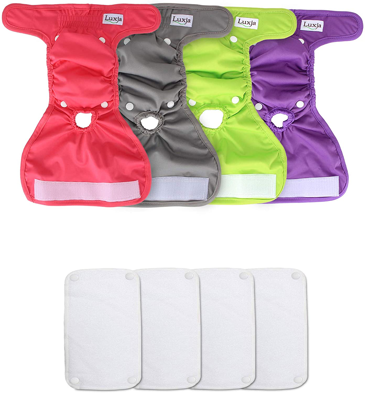 LUXJA Reusable Female Dog Diapers with Extra Detachable Diaper Pads (Pack of 4), Washable Wraps for Female Dog (Gray + Green + Purple + Rose Red) Animals & Pet Supplies > Pet Supplies > Dog Supplies > Dog Diaper Pads & Liners LUXJA S: waist 9"-15"  