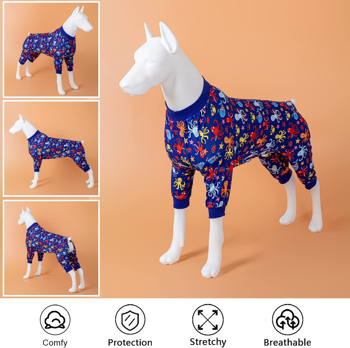 Lovinpet Dog Pajamas/Big Dog Clothes Post Surgery Wear/Lightweight Pitbull Dog Pullover Pajamas/Picnic Wild Flowers Navy Prints/Super-Soft Pullover Large Puppy Pajamas/Full Coverage Dog Pjs