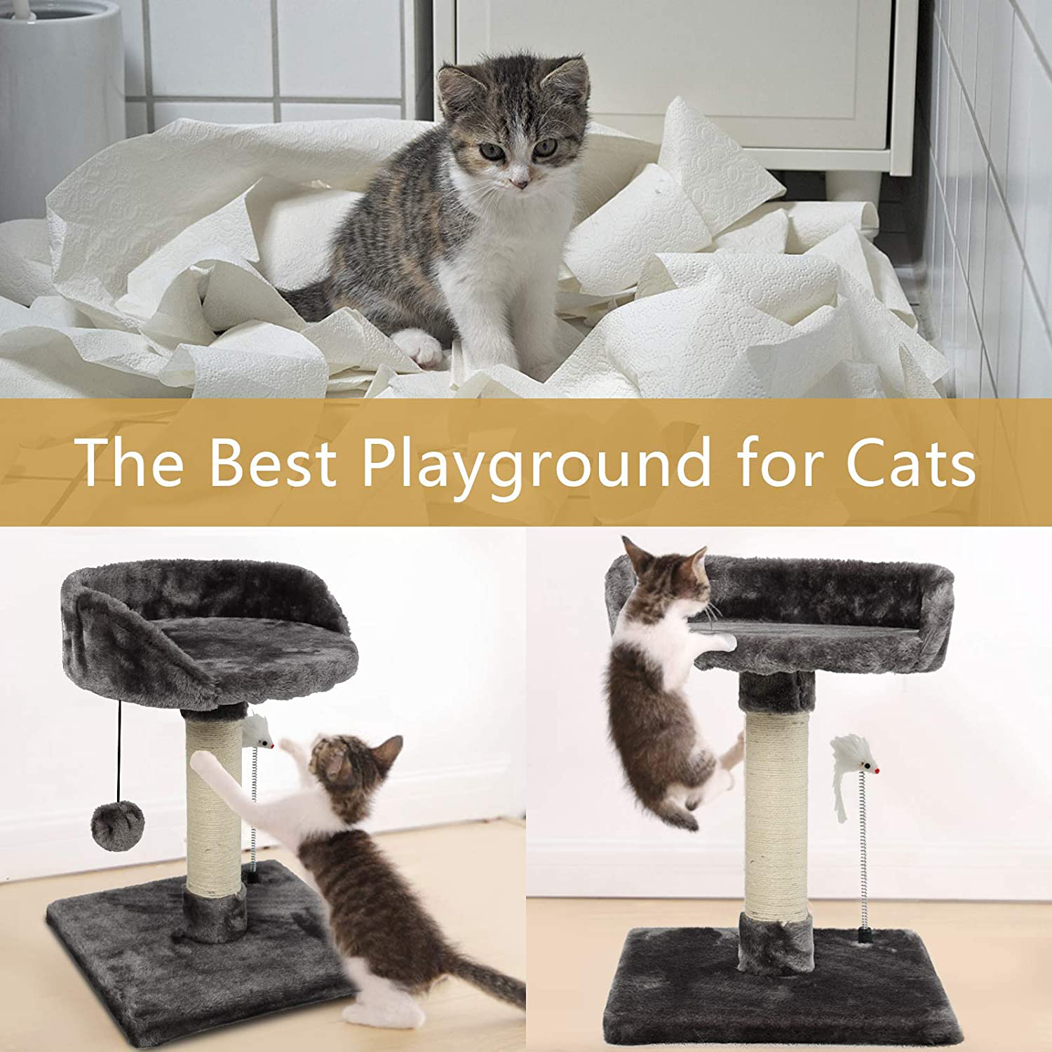 ECOCONUT Cat Scratching Posts with Bed for Kittens, Cat Tower Bed, Cat Activity Tree with Natural Sisal Post, Plush Platform Bed, Hanging Balls and Spring Plush Mouse Toy