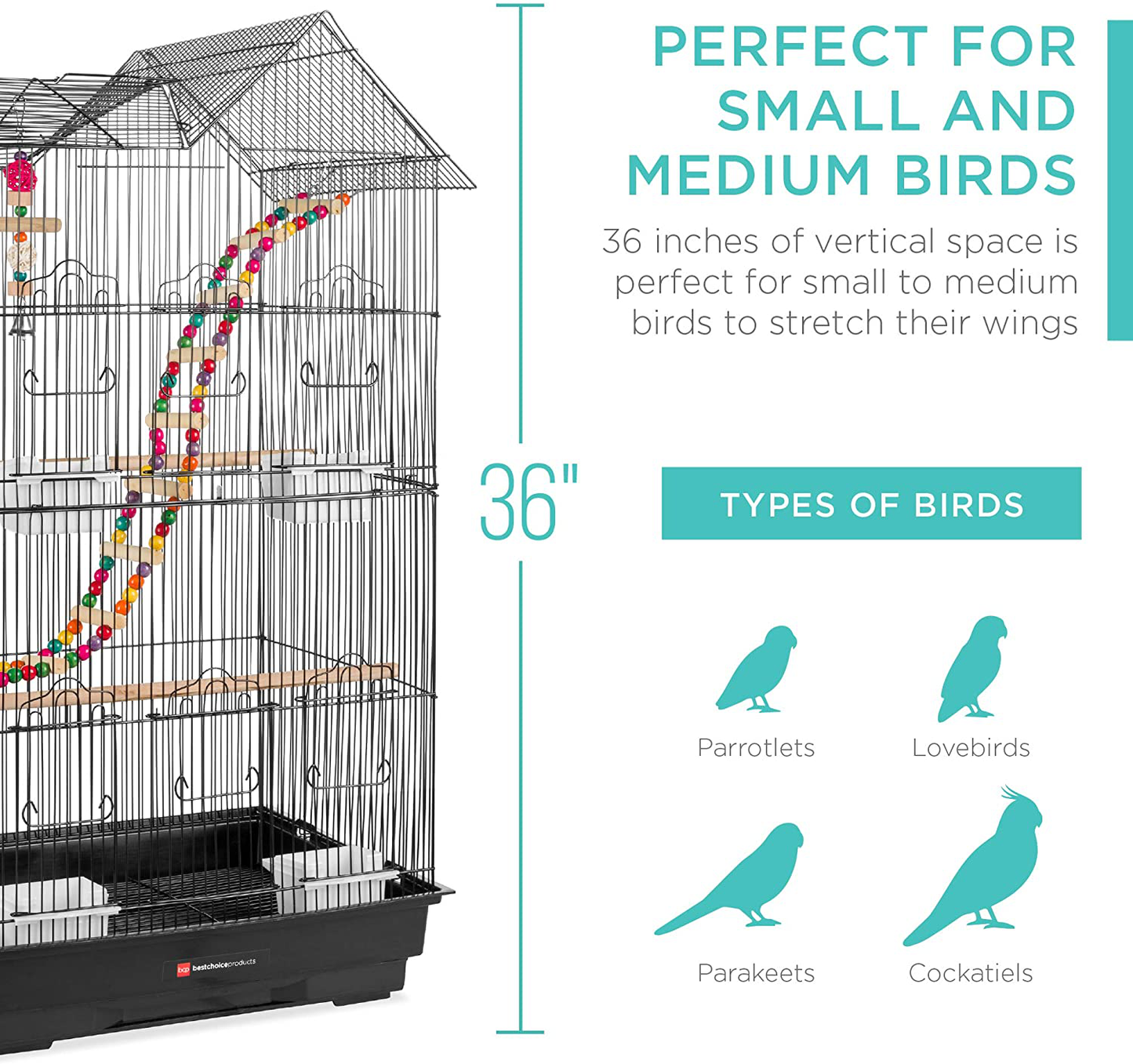 Best Choice Products 36In Indoor/Outdoor Iron Bird Cage for Medium Small Birds, Parrot, Lovebird, Finch, Parakeets, Cockatiel Enclosure W/Removable Tray, 4 Feeders, 2 Toys Animals & Pet Supplies > Pet Supplies > Bird Supplies > Bird Cages & Stands Best Choice Products   