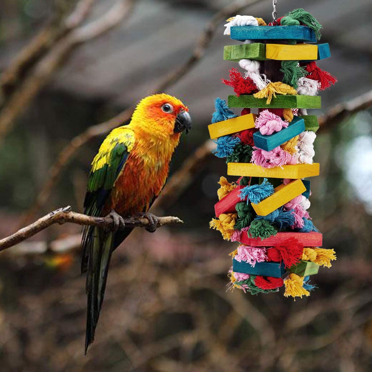 RAINBOWPK Natural Wooden Chewing Bird Toys for Parrots, Multi-Colored Hanging Shredding Toys for Medium and Small Parrots, Parakeets, Conures, Cockatiels, Macaws, Cockatoos and Birds Animals & Pet Supplies > Pet Supplies > Bird Supplies > Bird Toys RAINBOWPK   