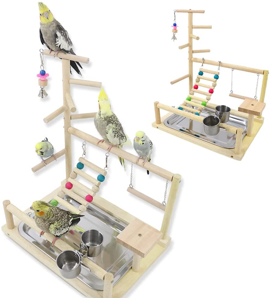 Parrot Playstand，Bird Play Stand Cockatiel Playground， Wood Perch Gym Playpen Ladder with Feeder Cups Toys Exercise Play Animals & Pet Supplies > Pet Supplies > Bird Supplies > Bird Gyms & Playstands KAIYILY   