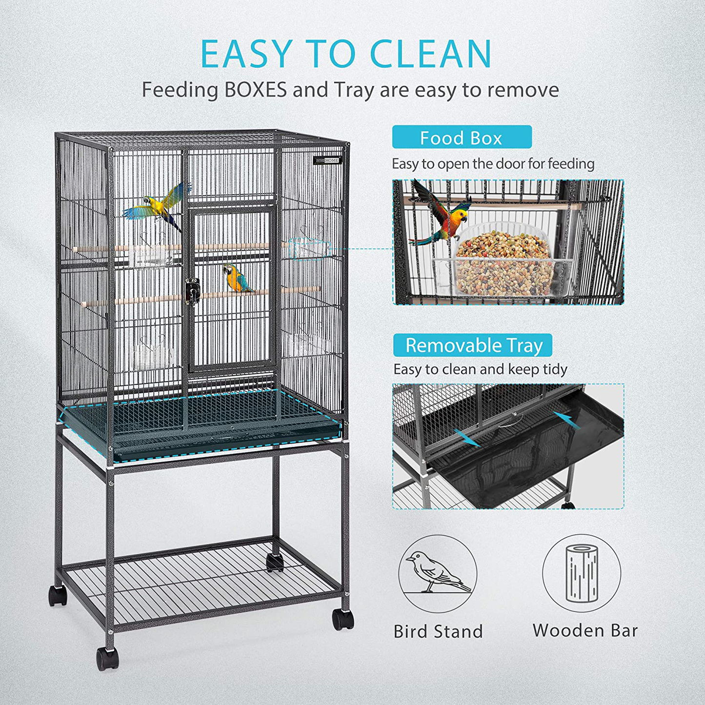 VIVOHOME 54 Inch Wrought Iron Large Bird Flight Cage with Rolling Stand for African Grey Parrot Cockatiel Sun Parakeet Conure Lovebird Canary Animals & Pet Supplies > Pet Supplies > Bird Supplies > Bird Cage Accessories VIVOHOME   